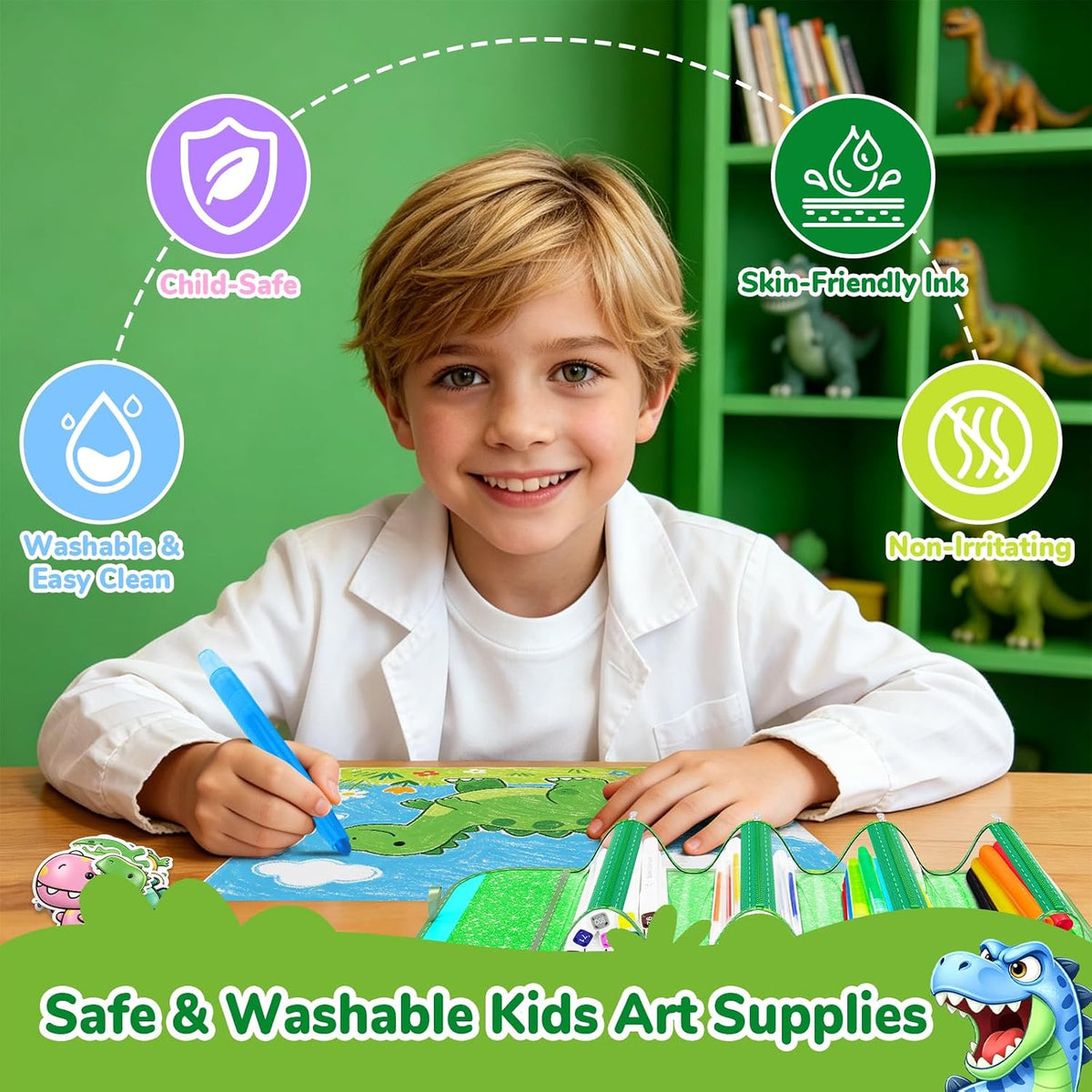 DreamyCandy 70 Pcs Washable Markers Set for Kids 4-8 - Green Dinosaur - image 3