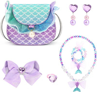 mibasies toddler purse for little girls in rainbow mermaid glitter with tassels and dress up jewelry - view 2
