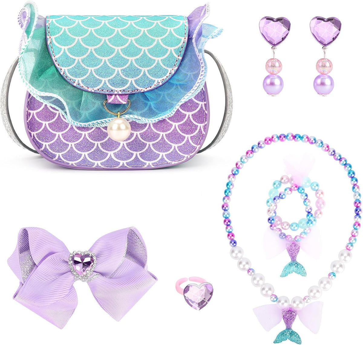 mibasies toddler purse for little girls in rainbow mermaid glitter with tassels and dress up jewelry - view 2