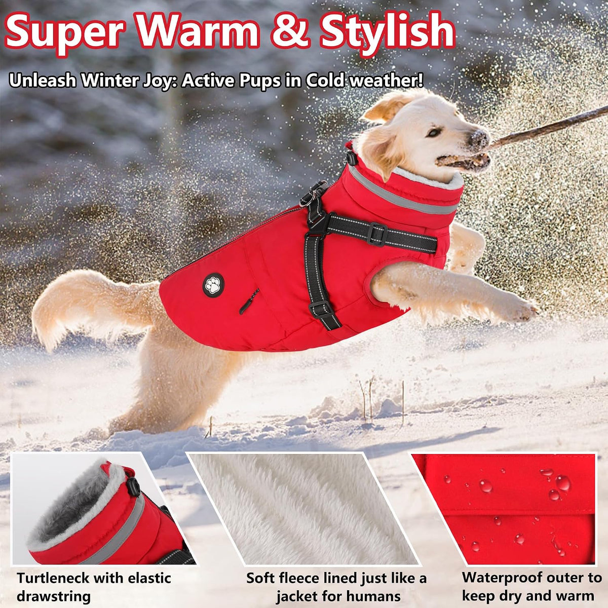 Dogcheer Dog Winter Coat with Harness - Red / X-Small(Chest:13.3", Back:9.8" Neck:10.2") - image 3