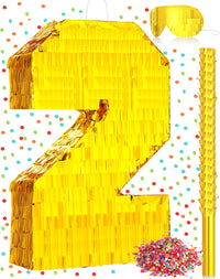 Sratte gold foil number piñata set with gold blindfold, piñata stick and bag of confetti - view 7