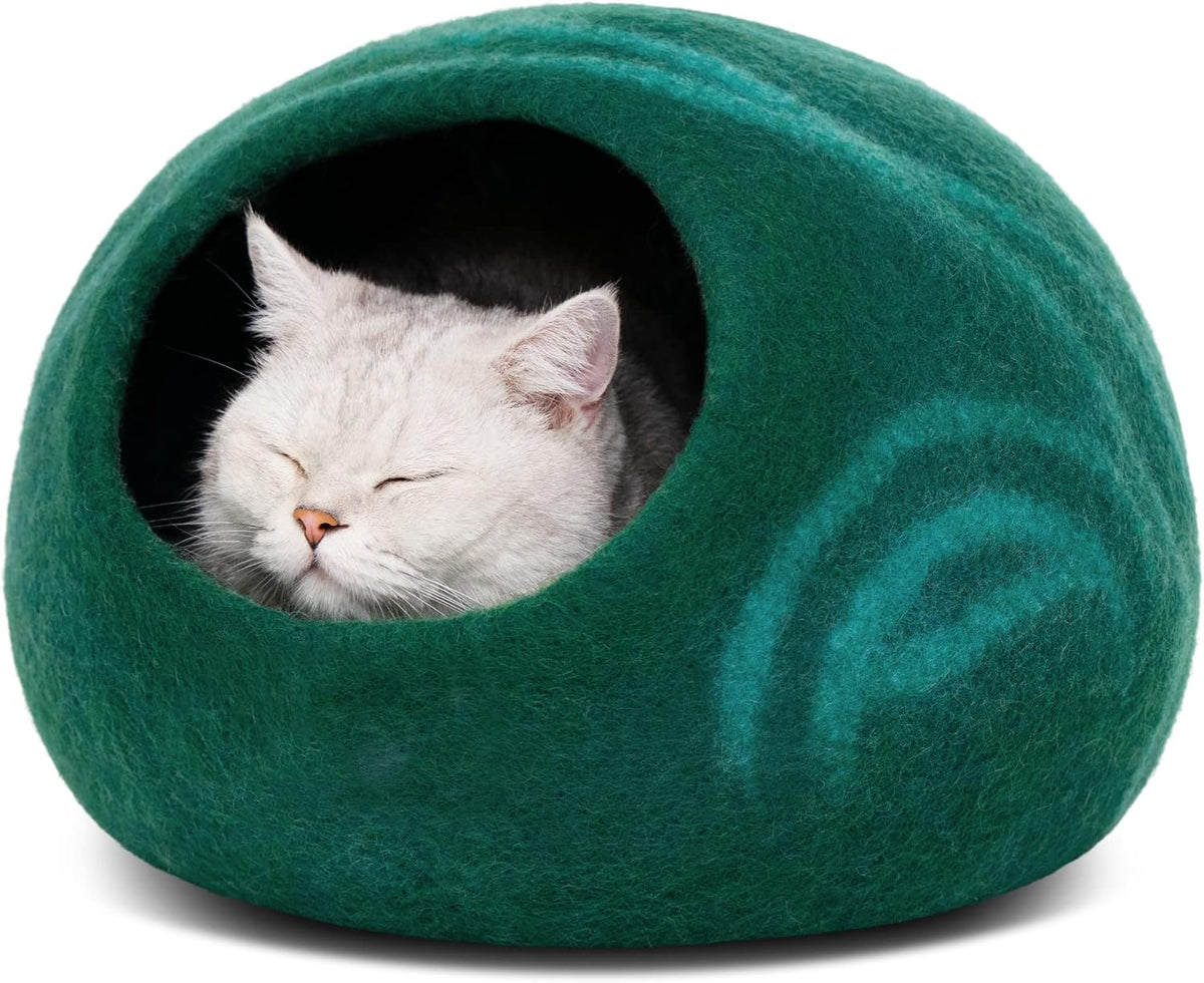 Cat Cave, New Zealand Wool Bed for Indoor Cats - Emerald / Medium