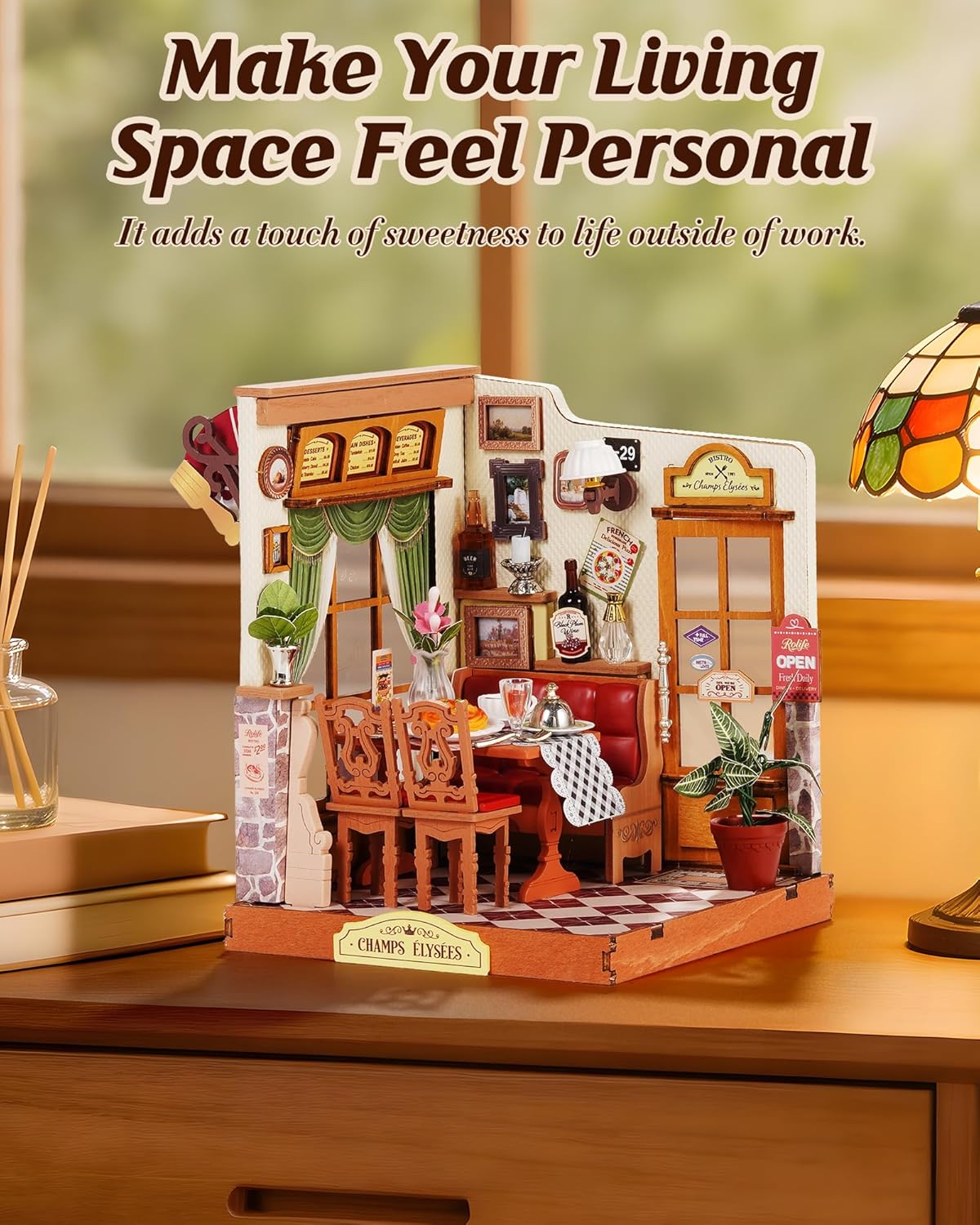 Rolife Tipsy Cat Bar DIY miniature kit, layered mini bar scene for a bookshelf - view 12