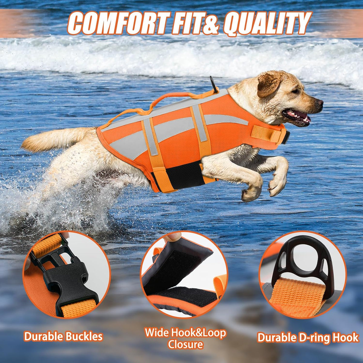 EMUST Dog Life Jacket, High Visibility Dog Life Vests with 2 Rescue Handles – Essentials for Dogs - XXL / NewOrange - image 4