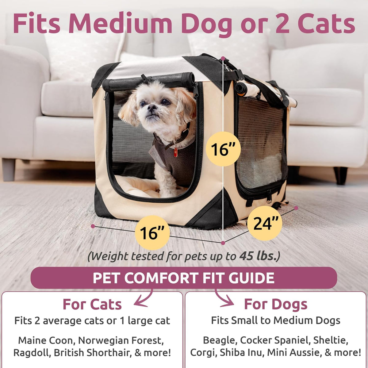 Cat & Dog Pet Carrier, Fits 2 Cats or Medium Dog Comfortably - Tan / Large - image 2