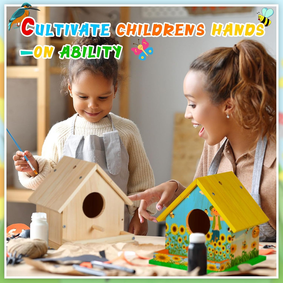 Liliful wooden DIY birdhouse kit for kids, 2 sets with paints and brushes - view 6