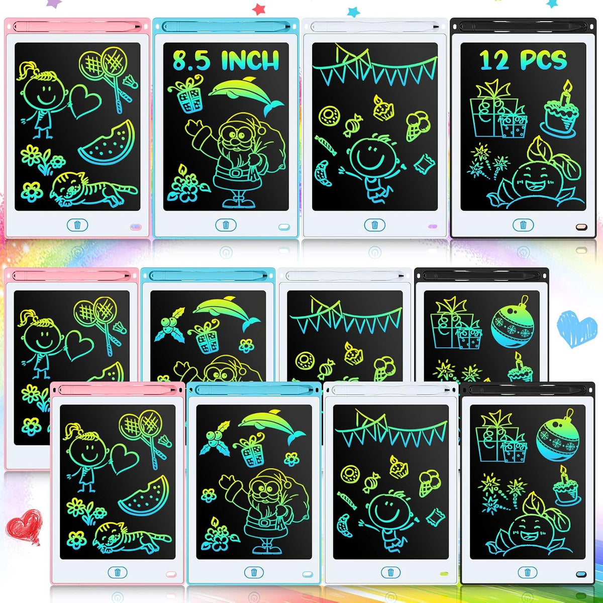 Tinlade 12 Pack LCD Writing Tablet for Kids - Pink, Blue, White, Black / 8.5 Inch