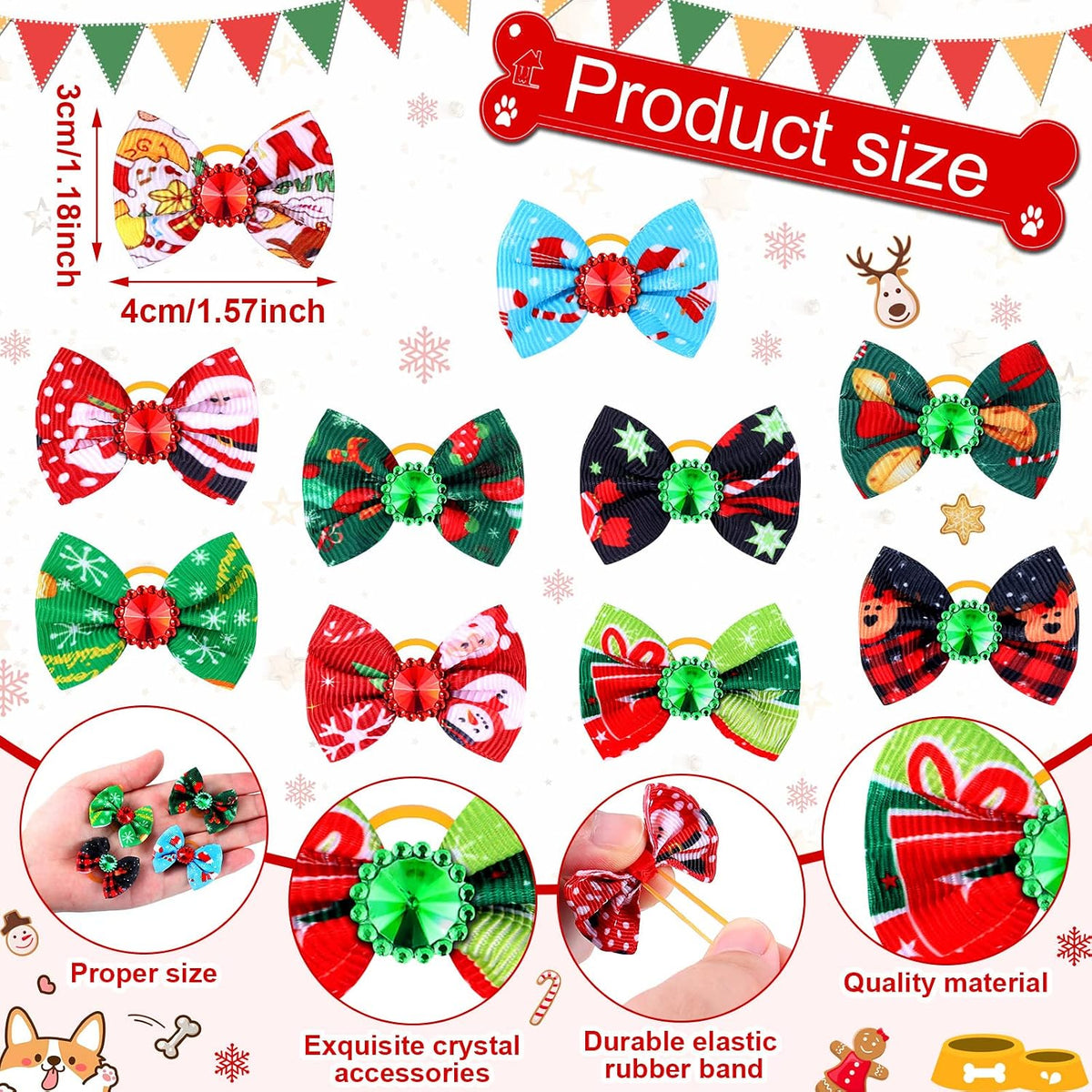 Tondiamo 100 Pack Halloween Dog Hair Bows Ghost Pattern Rubber Bands – Essentials for Dogs - Vivid Snowflake Pattern - image 3