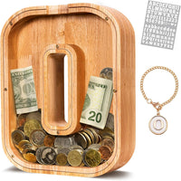 KMC wooden letter piggy bank, oak initial coin bank with clear plexiglass front - view 8