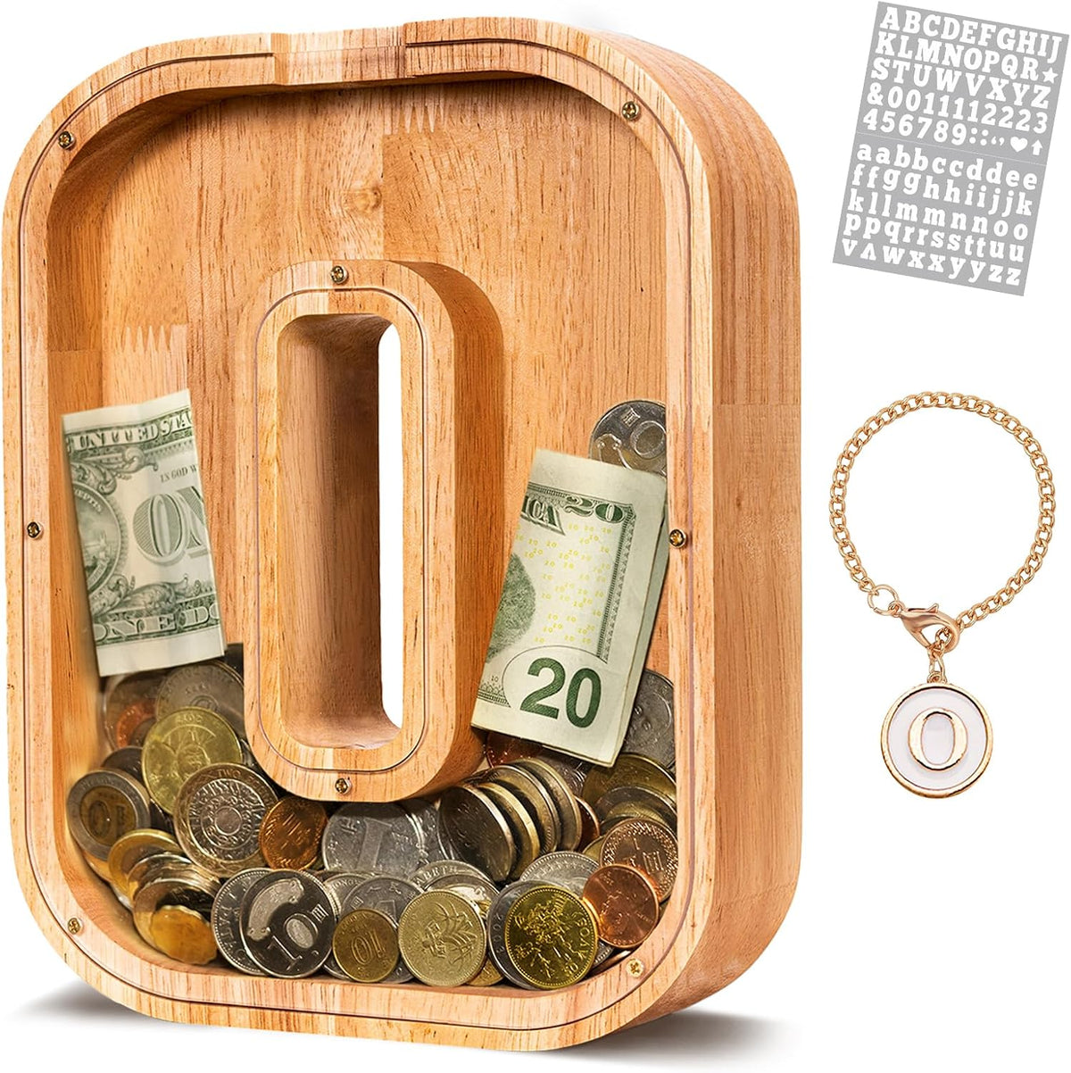 KMC wooden letter piggy bank, oak initial coin bank with clear plexiglass front - view 8