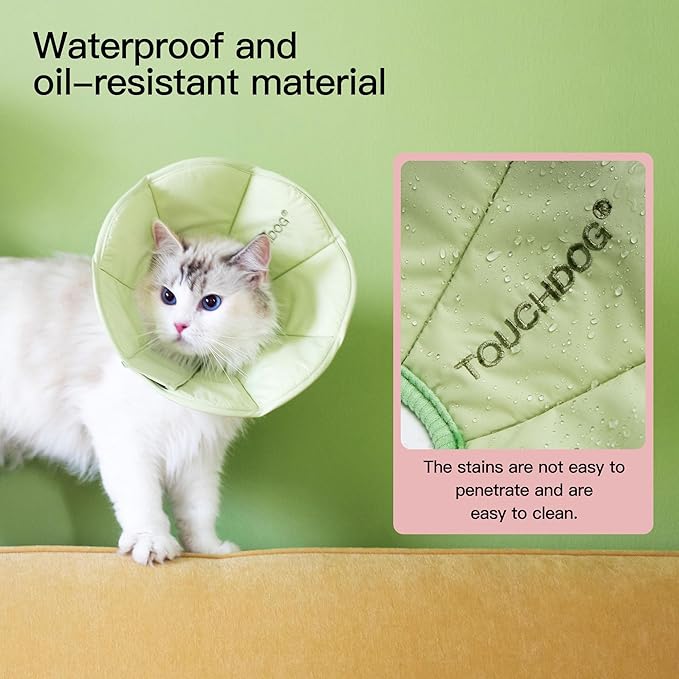 Touchdog Foldable Dog Cone Collar for Cats & Dogs - Adjustable Soft Recovery Collar with Waterproof PU Coating, Lightweight Design, 24.5cm/9.6in Wide Barrier (Green, XS)