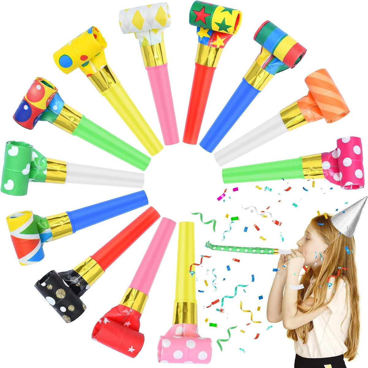 Twavang 12-pack colorful party blower noisemakers with metallic rolls - view 2