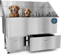 Professional Dog Washing Station 304 Stainless Steel Pets Grooming Tub – Essentials for Dogs - Silver, Left Ramp, 2 Drawer / 61 Inches