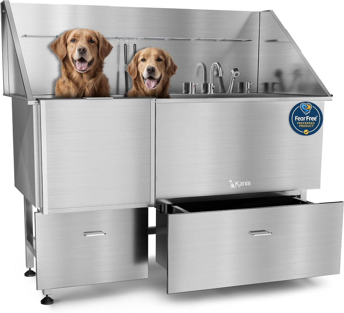 Professional Dog Washing Station 304 Stainless Steel Pets Grooming Tub – Essentials for Dogs - Silver, Left Ramp, 2 Drawer / 61 Inches