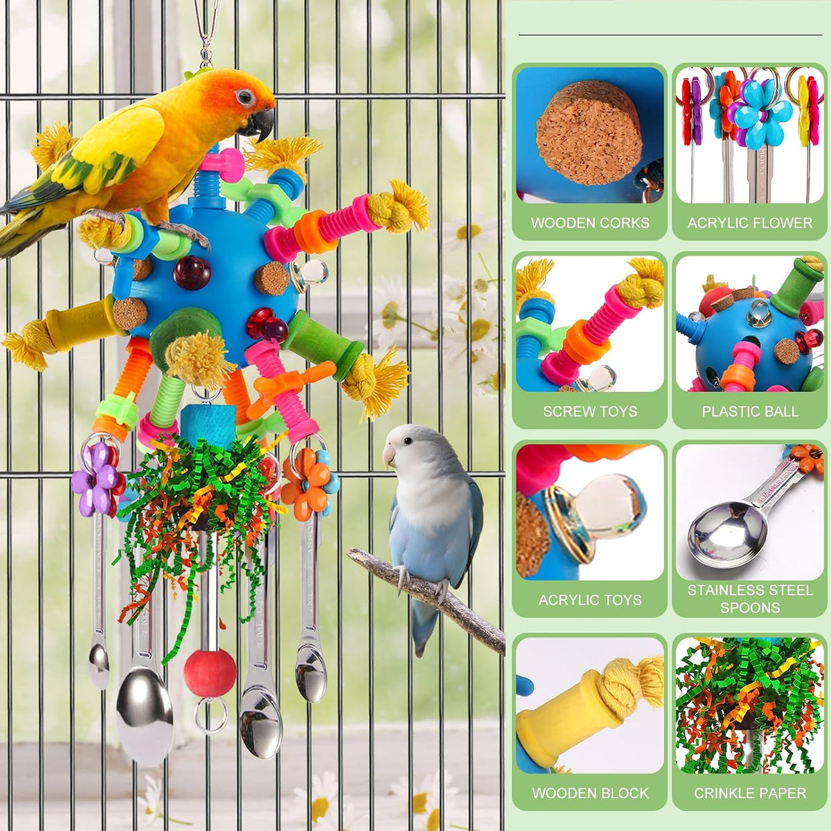 Parrot Toys Bird Toys Perch Pullable Stainless Steel Spoons Colorful - blue - image 3