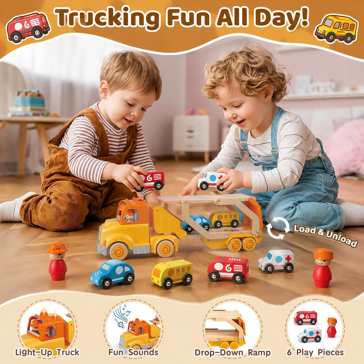 Wanborns car carrier truck toy in yellow with 6 wooden cars and fold-out 30in slide - view 4