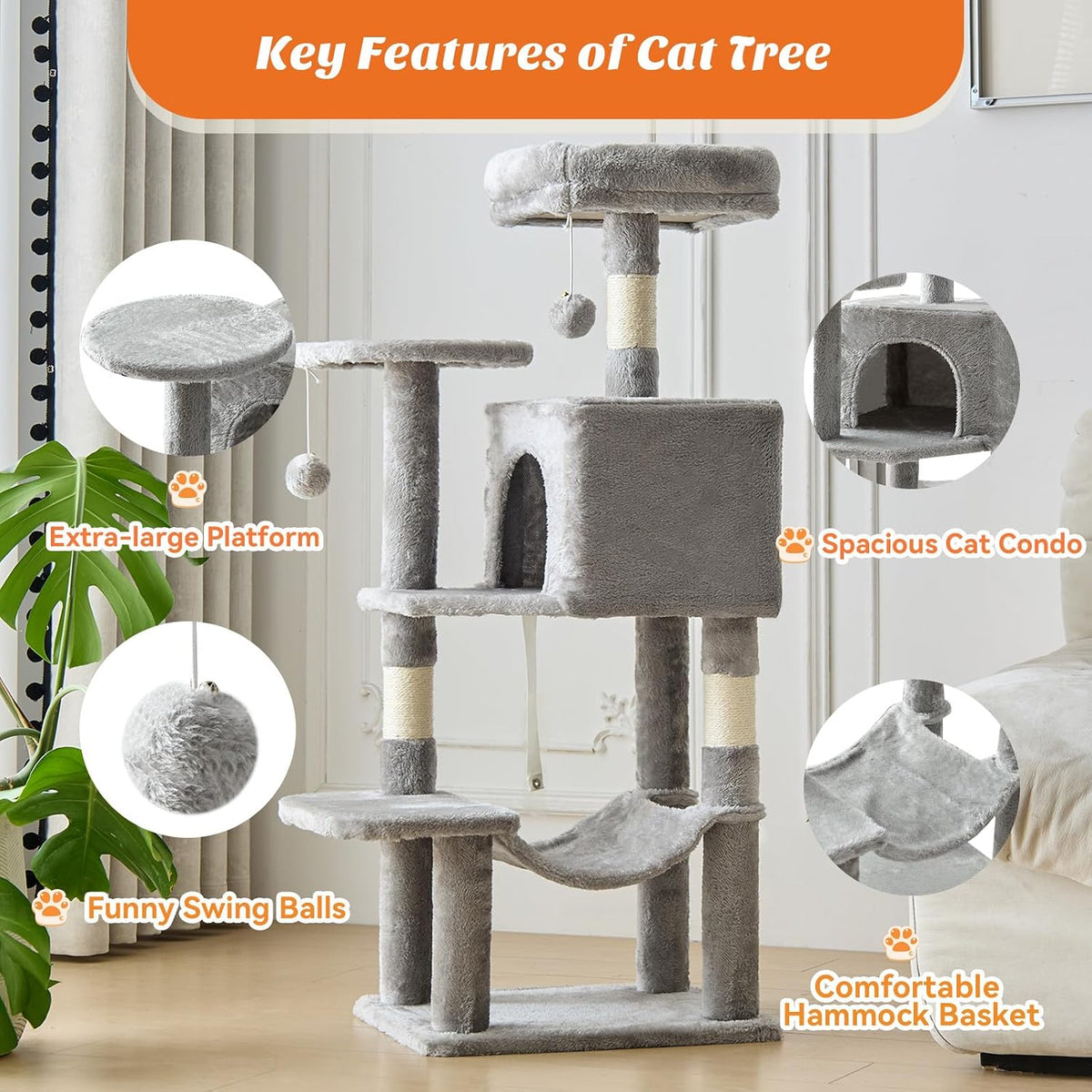 DUMOS 44 Inch Cat Tree Tower with Natural Sisal Scratching Posts – Essentials for Cats - Light Grey / 4 / 44 Inch - image 3
