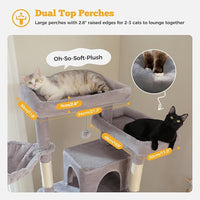 81" Heavy Duty Cat Tree for Large Cats up to 20lbs - Extra Tall Cat Tower with Metal Frame Hammock, 6 Sisal Scratching Posts, 2 Perches - Indoor Cat Furniture for Maine Coon, Big Cats, Gray