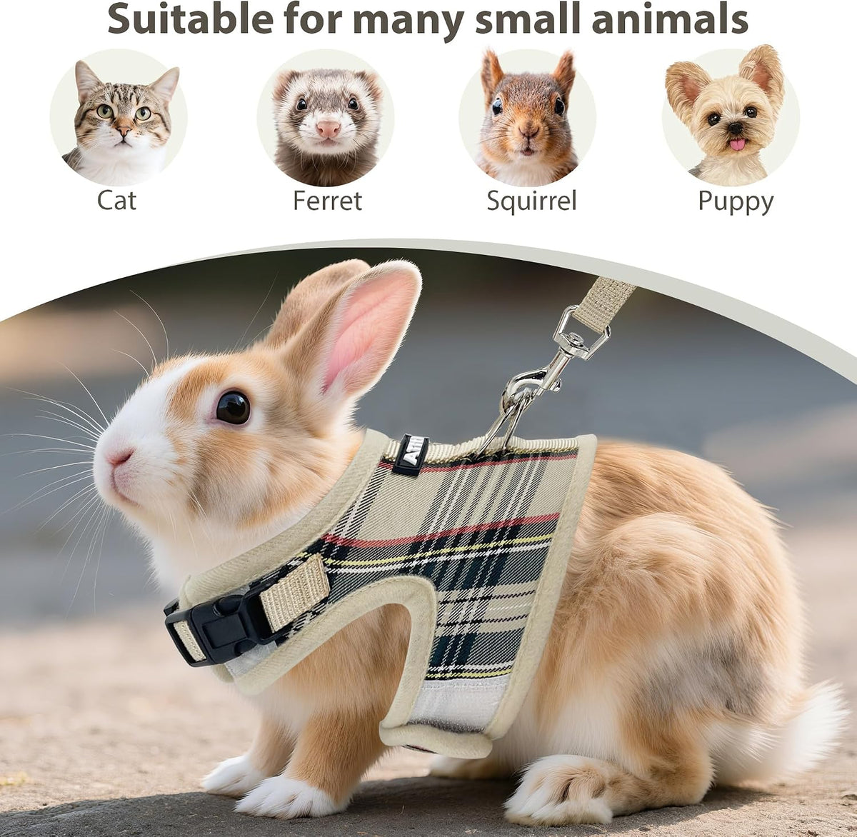 Plaid Breathable Rabbit Harness and Leash Set Escape Proof - Beige / M - image 3