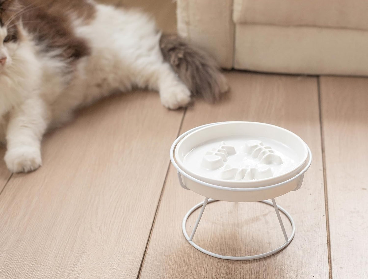 Ceramic Elevated Slow Feeder Cat Bowl, Anti Vomit - White - image 3
