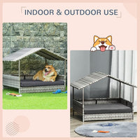 PawHut Wicker Dog House Outdoor with Canopy, Rattan Dog Bed with Water-Resistant Cushion, Raised Dog Bed for Small, Medium Dogs up to 66 lbs, 19.75" in Length, Gradient Gray Wicker & Cushion