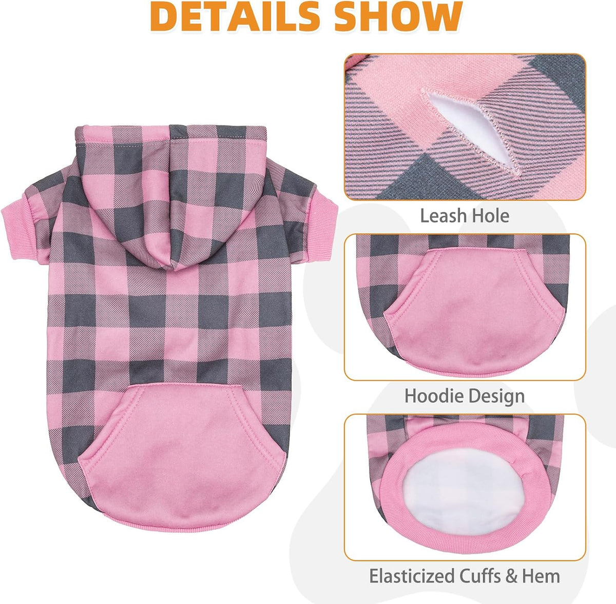 Plaid Dog Hoodie Pet Clothes Sweater with Hat and Pocket for Small - Pink / Small (Pack of 1) - image 2