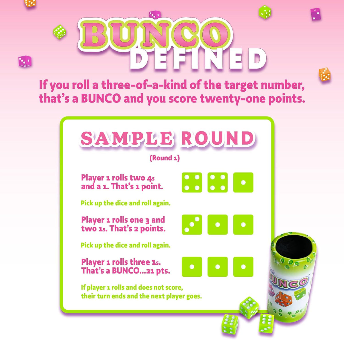 Continuum Games Retro Bunco game kit with colored dice, dice cups, silver bell and score pad - view 4