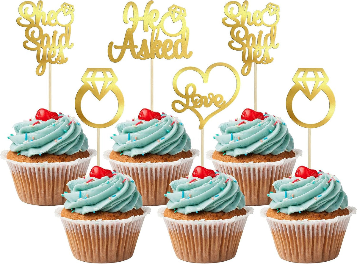 Gyufise He Asked She Said Yes Cupcake Toppers Gold Glitter Diamond - Light Gold
