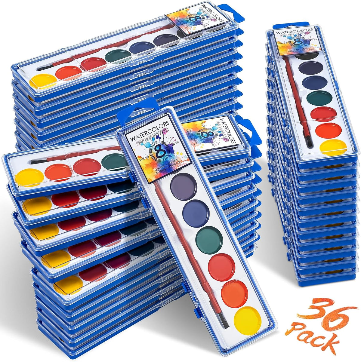 Jyusmile 36-pack washable watercolor paint set with 8 colors and a brush in each box