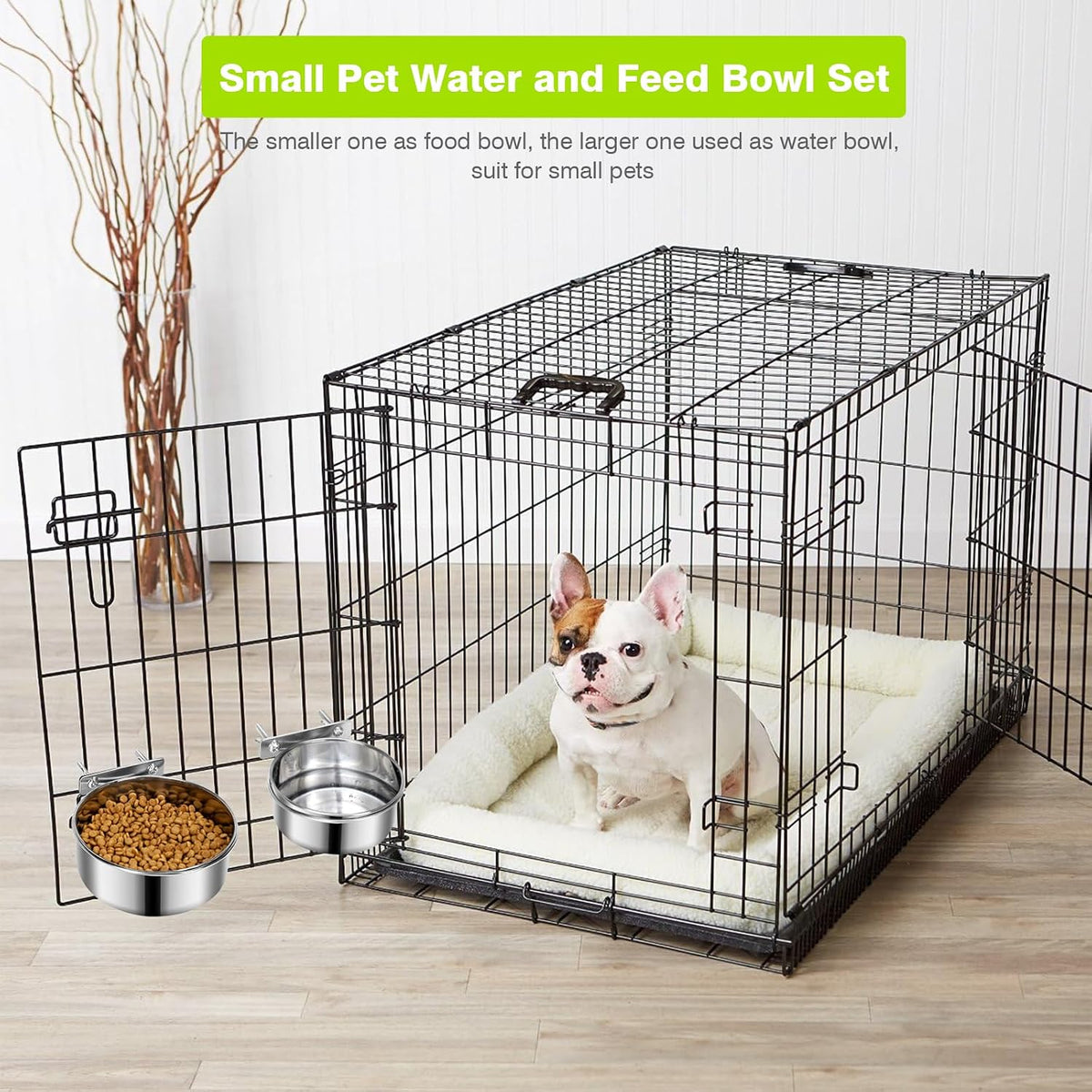 2 Pcs Stainless Steel Small Dog Crate Food Water Bowl - XS (19 & 12 OZ) / Silver - image 3