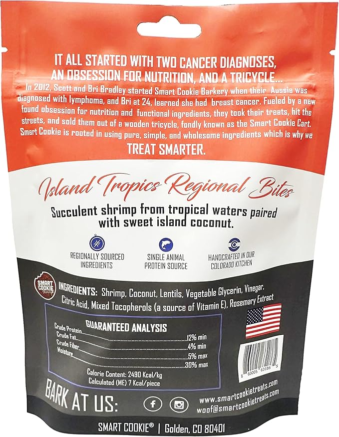 Smart Cookie All Natural Dog Treats - Shrimp & Coconut - Training Treats for Dogs with Allergies, Sensitive Stomachs - Soft Dog Treats, Chewy, Grain Free, Human-Grade, Made in USA - 5oz, Pack of 3
