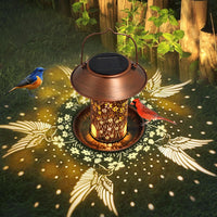 Metal solar hummingbird bird feeder garden lantern with three seed cups - view 2
