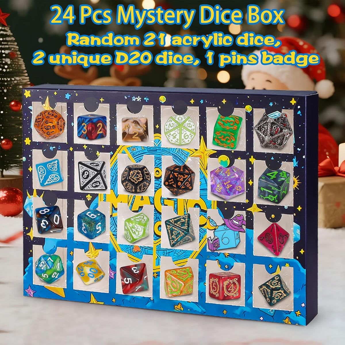 QMAY Mystery Dice Set – 7 Pcs Acrylic Polyhedral Dice + 1 Pcs Velvet Bag – Fun for Kids & Family - Mystery Dice Gift Box (24 Holes) - image 3