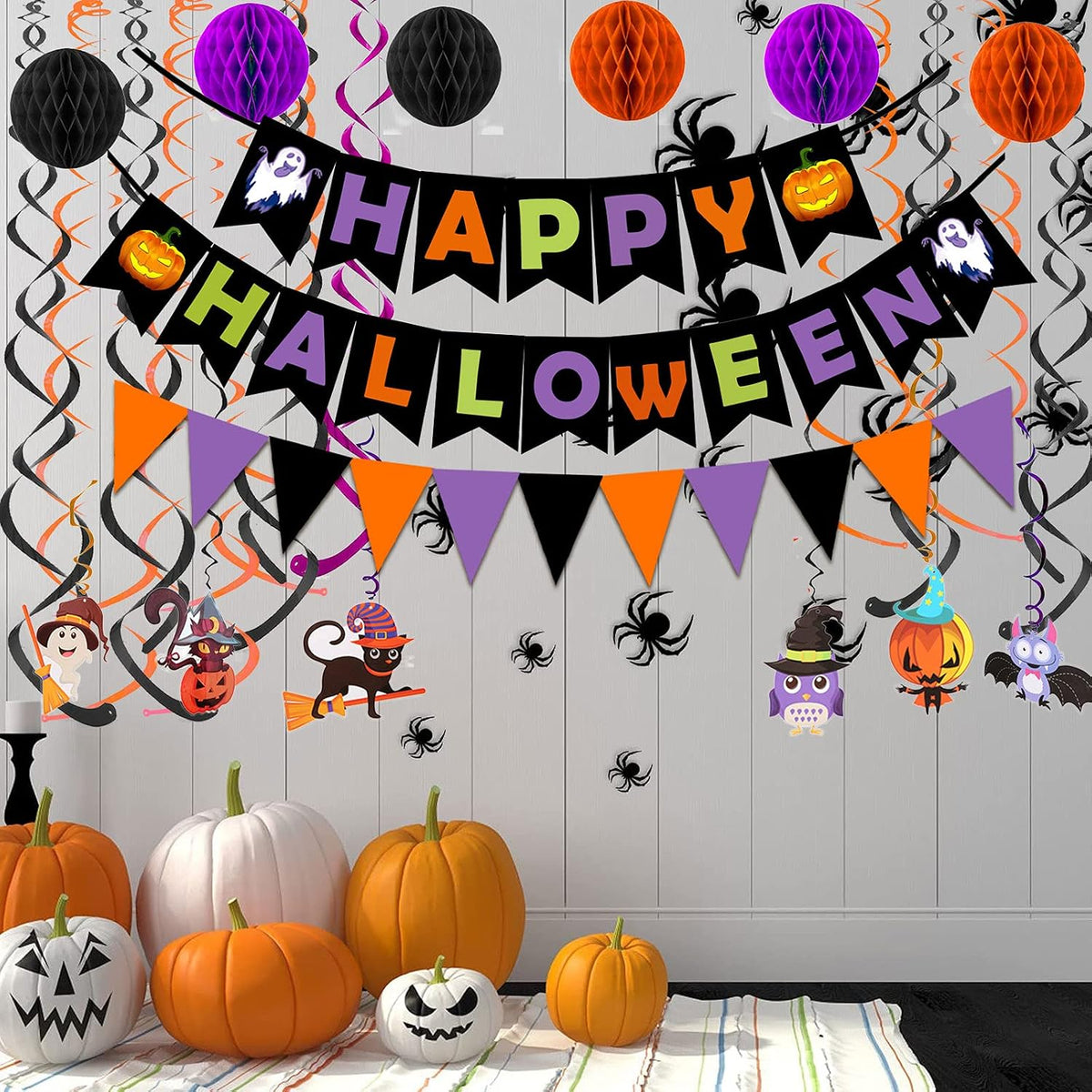 Fecedy Happy Halloween Banner Triangular bunting Paper flower fans - Halloween,black,orange,purple - image 4