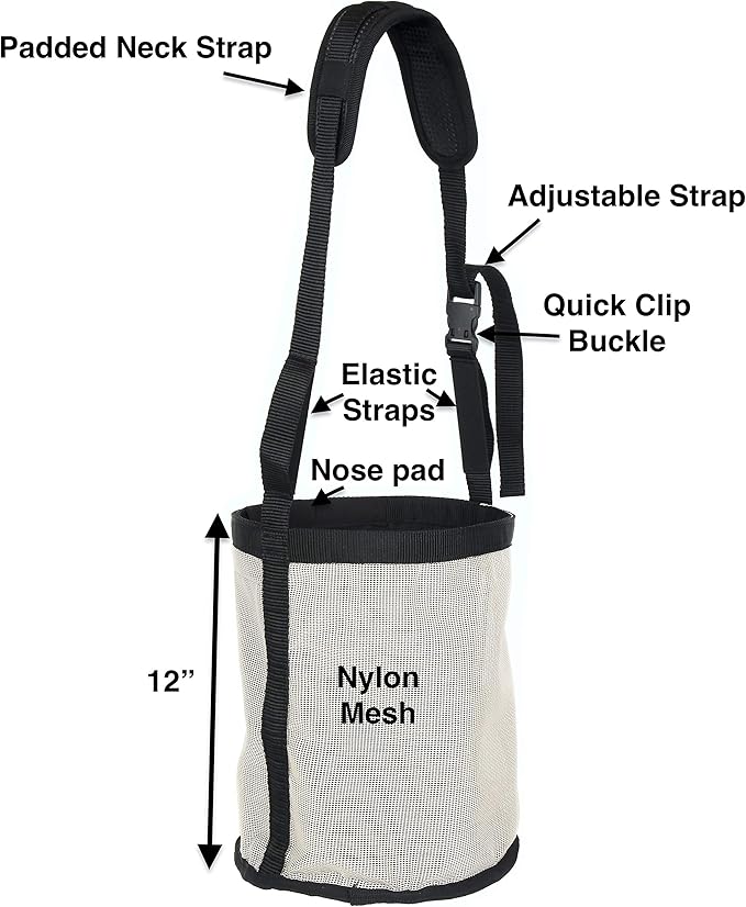Majestic Ally Horse Feed Bag, Heavy Duty Nylon Mesh Grain Feed Bag, Adjustable Strap with Durable Snap and Elastic Straps, Comfort Neck Pad and Nose Pad- Large (Full, Beige)