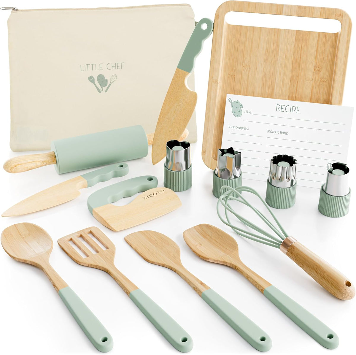 ZICOTO wooden kids cooking and baking set with knives, rolling pin, whisk and spatulas in sage