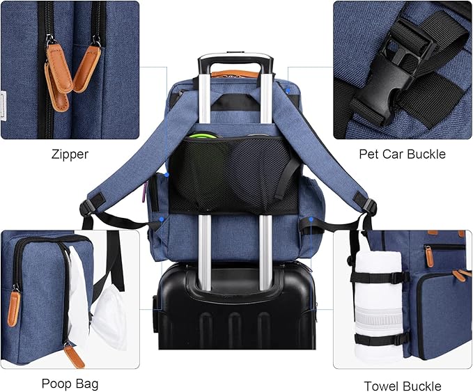 Modoker Dog Travel Bag - Airline Approved Backpack for Pet Accessories Organizer, Tote Weekend Bag with 2 Dog Food Containers, 2 Collapsible Bowls, 1 Pet Mat, Blue