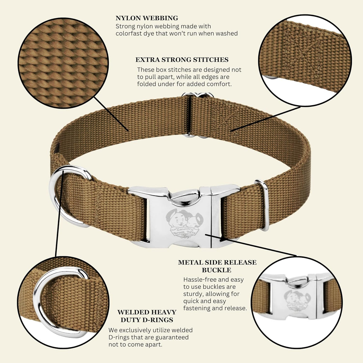 Country Brook Petz - Premium Nylon Dog Collar with Metal Buckle for Small Medium Large Breeds - 30+ - Extra Large (Pack of 1) / Coyote Tan - image 3