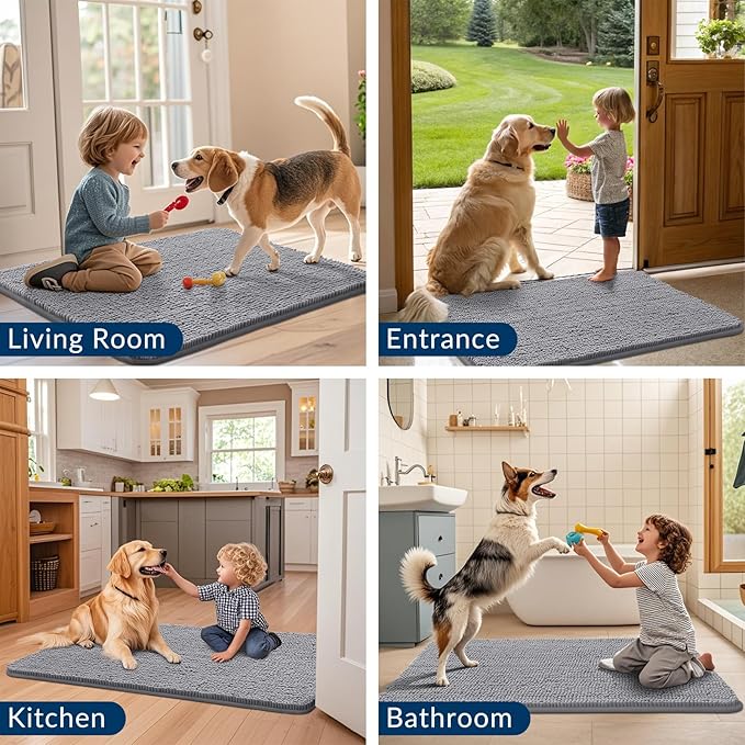 Smiry Dog Door Mat for Muddy Paws 54x32, Absorbs Moisture and Dirt Doormat, Non-Slip Washable Quick Dry Chenille Front Door Mat Indoor Entrance, Entryway Carpet for Inside Floor, Grey