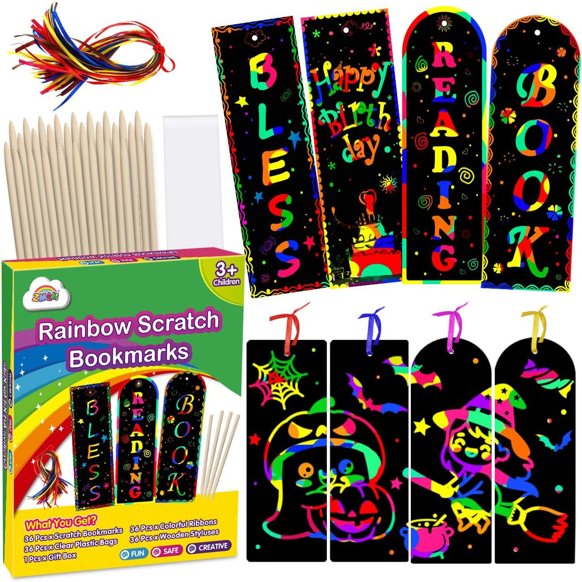 ZMLM Rainbow Scratch Paper Art Bookmarks for Kids Party Favors 36 Pack – Fun for Kids & Family - 36