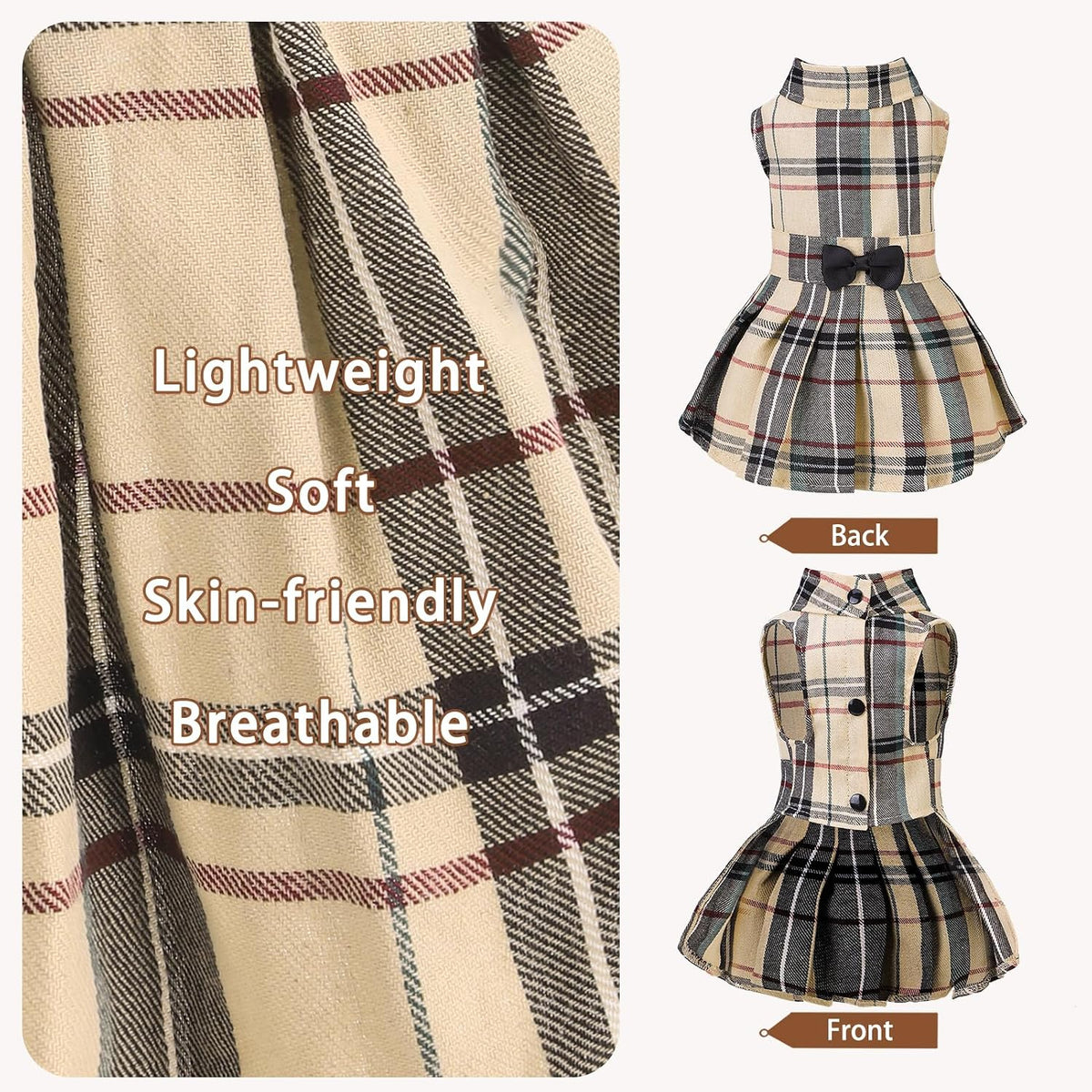 PUPTECK Classic Beige Plaid Dog Dress with Bow Puppy Skirt Clothes M – Essentials for Dogs - Beige(Classic Plaid) / Medium - image 3