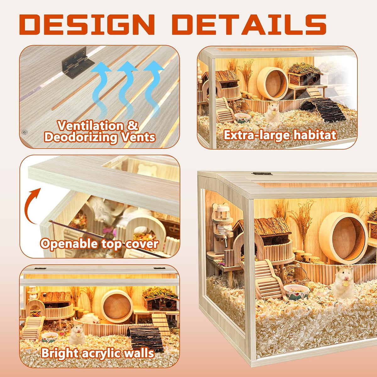 Hamster Cage Chewproof, Large Hamster Cages and Habitats - Natural Oak Wood / 32.0"L x 16.0"W x 16.0"H / Openable Wooden Roof - image 4