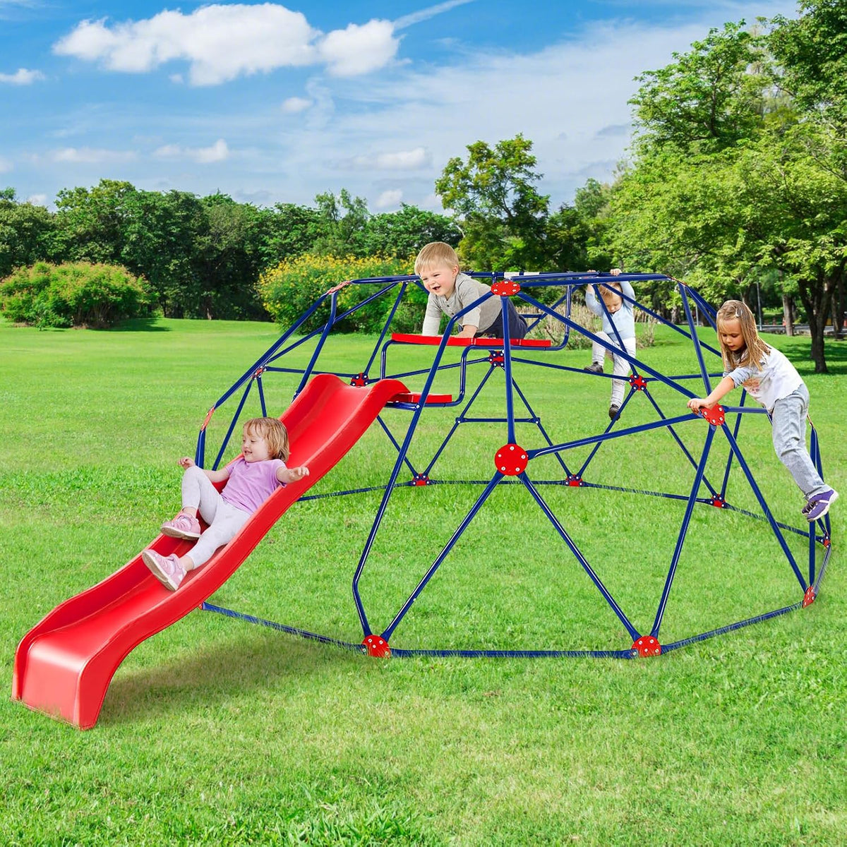 Olakids geometric climbing dome with slide, green steel frame for backyard play - view 10