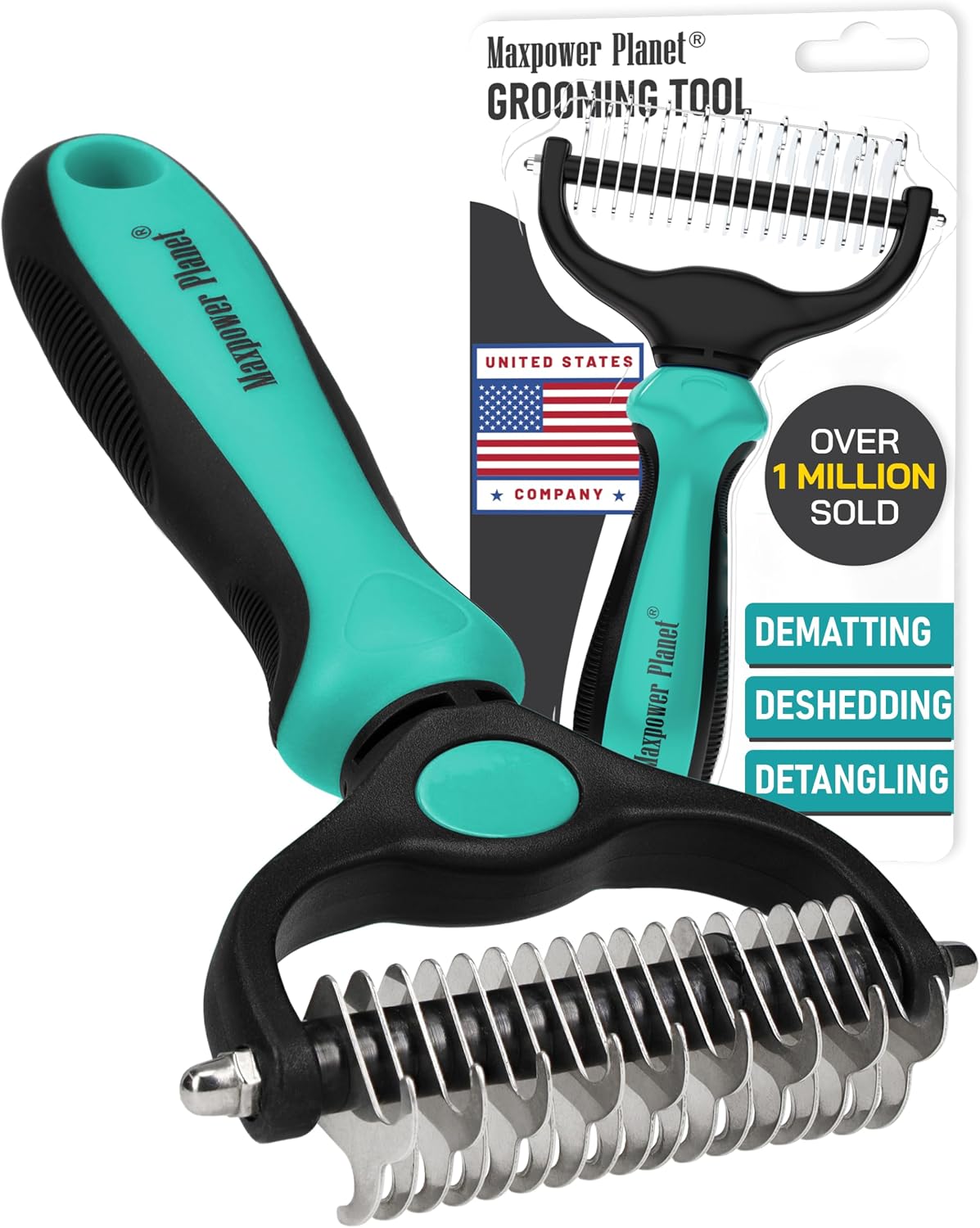 Maxpower Planet Dog Grooming Rake, Deshedding Undercoat Brush - Turquoise / Large