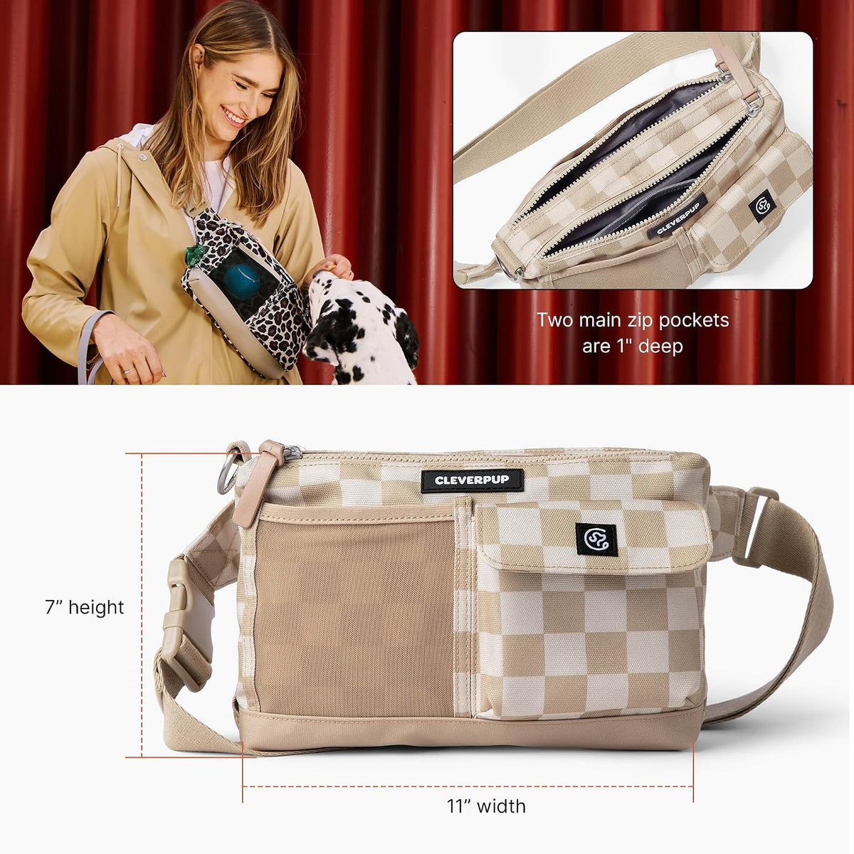 Cleverpup Walk & Train 2-in-1 Dog Walking Bag, Hands-Free - Tan Checkerboard - image 4