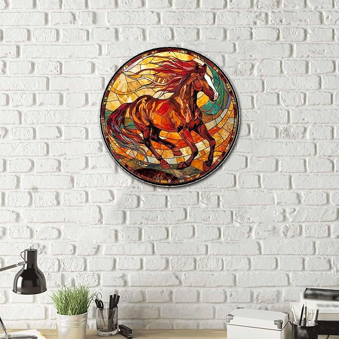 Lygond Metal Sign Tin Sign Circular Stained Glass American Mustang Bar Signs for Home Decor for Garden 12×12 Inches