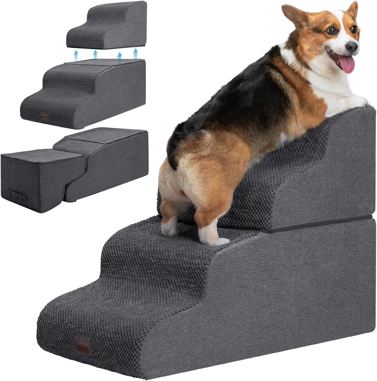 Garnpet Dog Stairs for Couch Sofa and Chair - Fleece 4-Step / Dark Grey