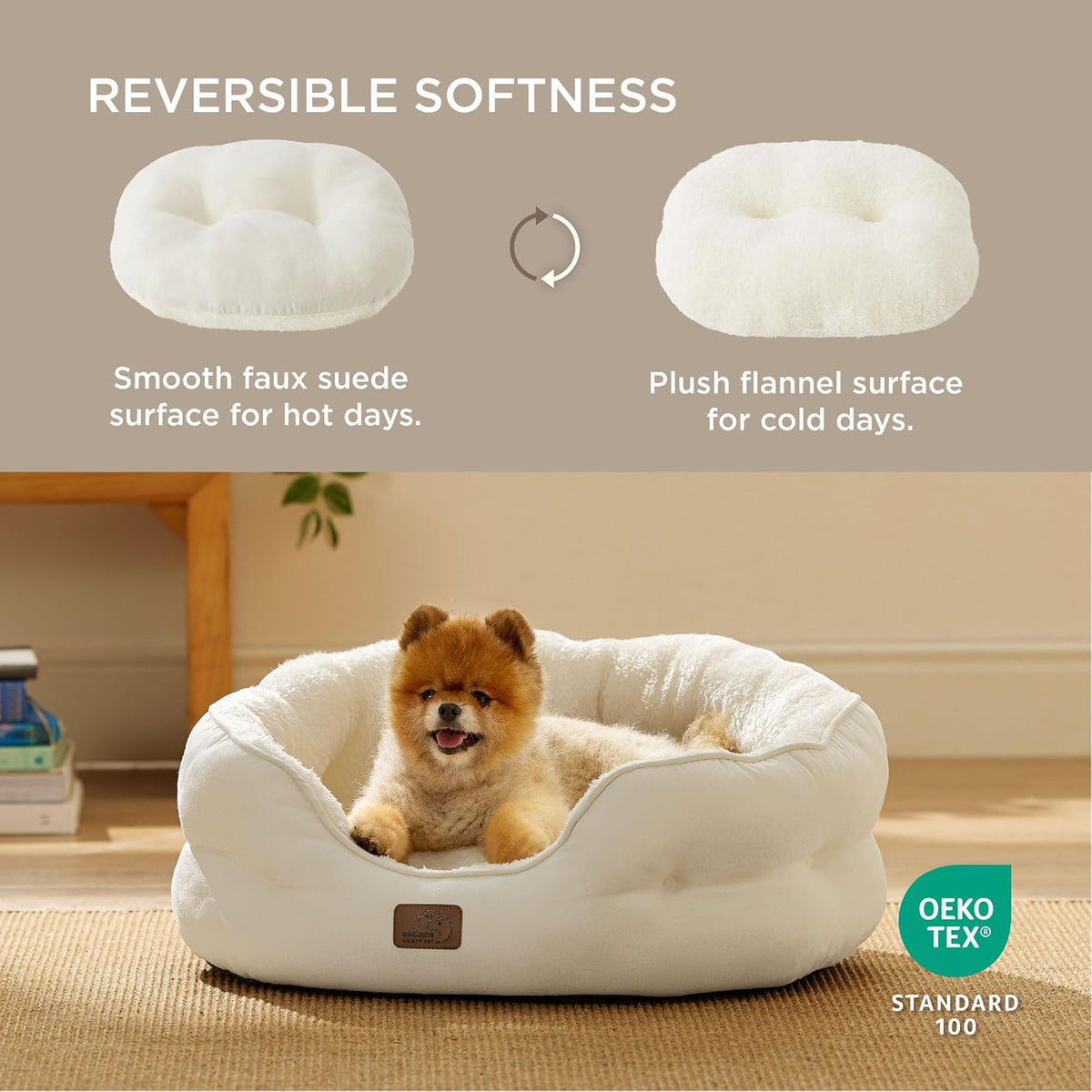 Bedsure Small Dog Bed Washable, Round Cat Beds for Indoor Cats - 25"L x 21"W x 8"Th / Ivory - image 4