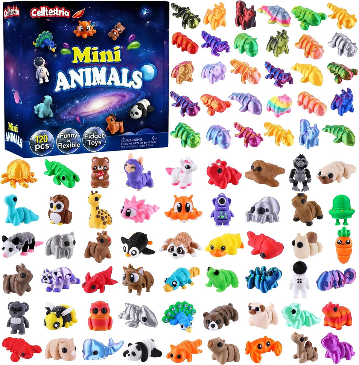 Celltestria 18PCS 3D Printed Skeleton Fidget Toys with Coffin Storage - 120Pcs Mini Animals