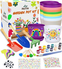 PAITIN Paint & Plant Garden Pot Craft Kit - 4 Inch Plant Pots, Kids Gardening Tools, Labels, Paints, Brushes, Gem & Eye Stickers - Perfect Spring Crafts Gifts for Women & Kids
